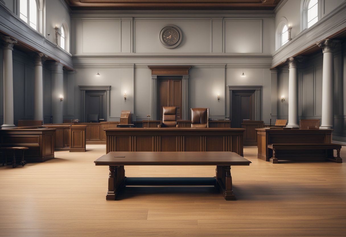 A courtroom with a judge's bench, witness stand, and gallery. The judge presides over a case involving the concept of legal irresponsibility